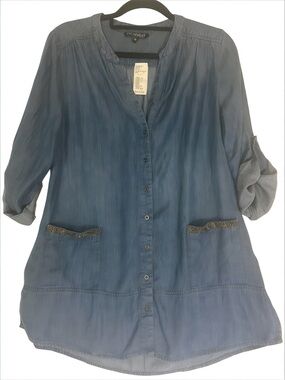 Picadilly Women’s Jean Tunic, Blue, Beaded details on pockets, 
Size 10